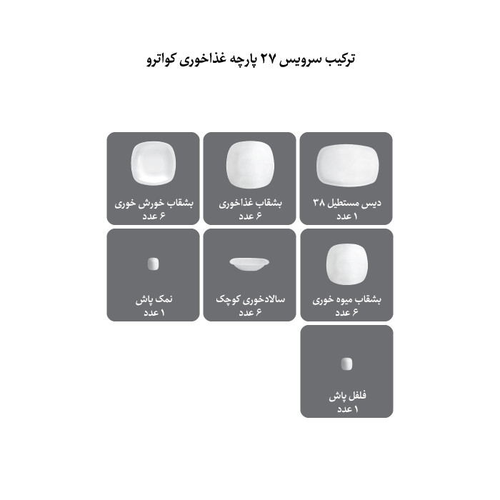 سرویس غذاخوری 27 پارچه چینی زرین ایران سری کواترو مدل مونت کارلو پلاتینی درجه عالی سرویس غذاخوری 27 پارچه چینی زرین ایران سری کواترو مدل مونت کارلو پلاتینی درجه عالی