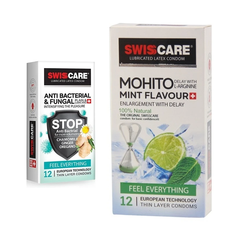 کاندوم سوئیس کر مدل ANTI BACTERIAL بسته 12 عددی  به همراه کاندوم سوئیس کر مدل Mohito بسته 12 عددی