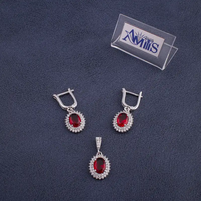 نیم ست نقره زنانه مدل یاقوت AMT-N213