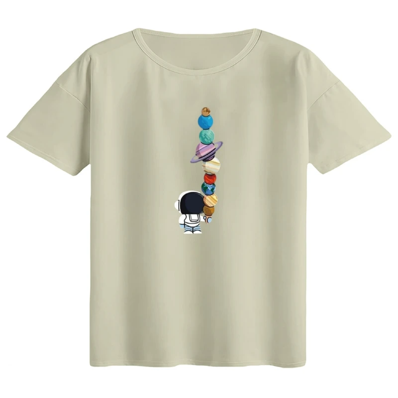 تی‌شرت اورسایز آستین کوتاه زنانه مدل باکسی طرح فضانور و بستنی و سیاره ها