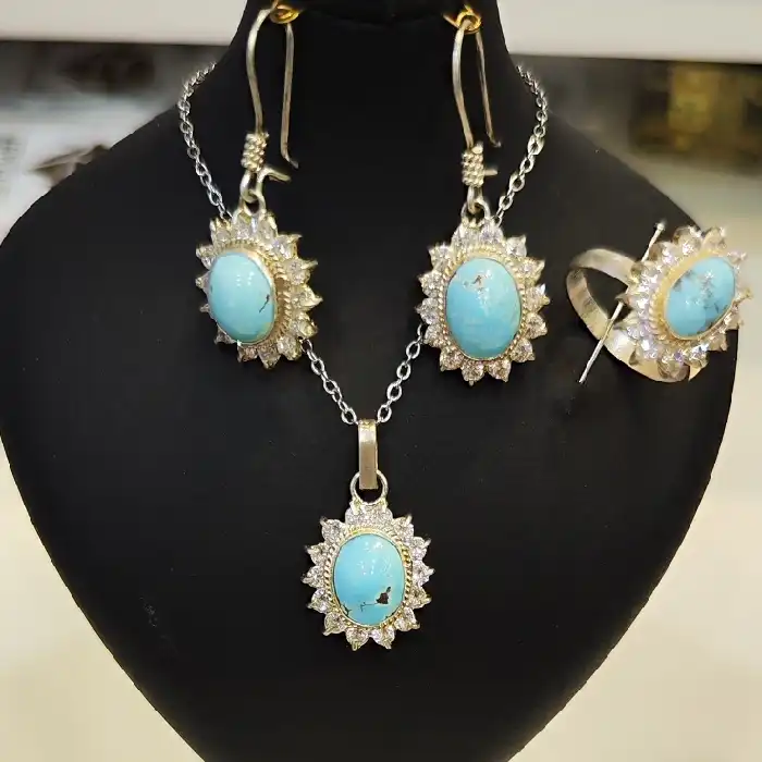 نیم ست نقره زنانه مدل سنگ فیروزه نیشابور کد 780