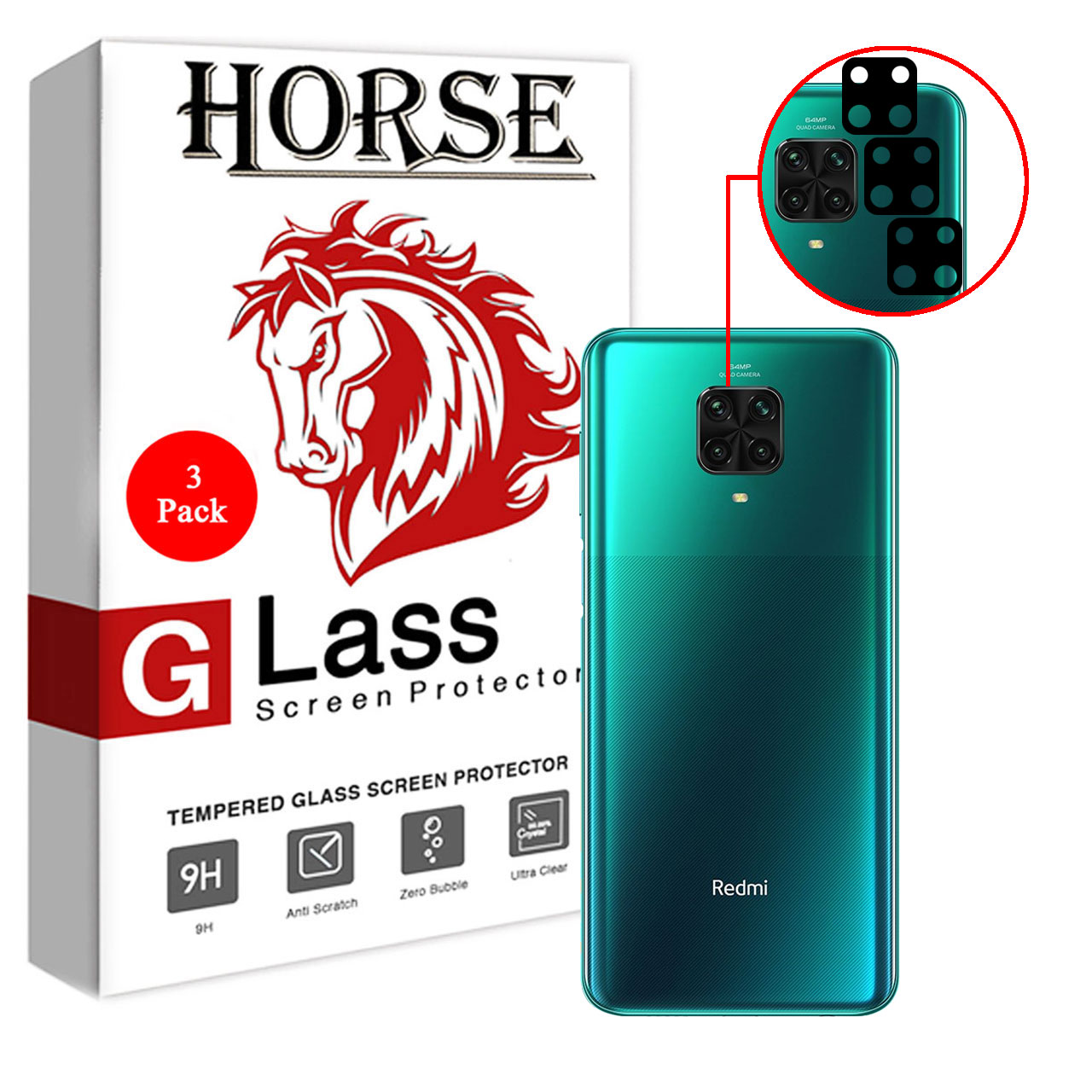 محافظ لنز دوربین سرامیکی هورس مدل HBL مناسب برای گوشی موبایل شیائومی Redmi Note 9 Pro بسته سه عددی
