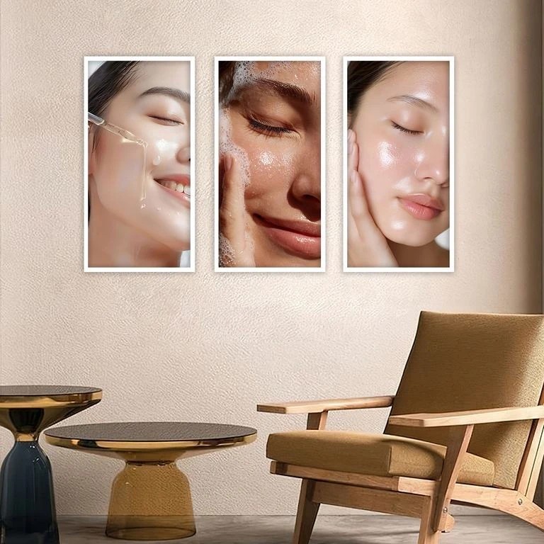 تابلو بکلیت طرح پاکسازی و زیبایی پوست مدل W-5143 فریم سفید مجموعه 3 عددی