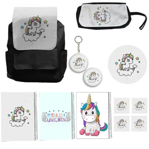 کوله پشتی مدل یونیکورن تک شاخ به همراه دفتر مشق و جامدادی و زیر لیوانی و جاکلیدی کد A15 Unicorn مجموعه 12 عددی