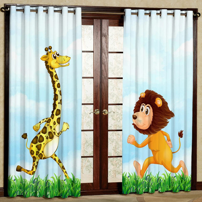 پرده مدل مخمل پانچی زرافه و شیر کد 4486T2 سایز 200x140 سانتی متر