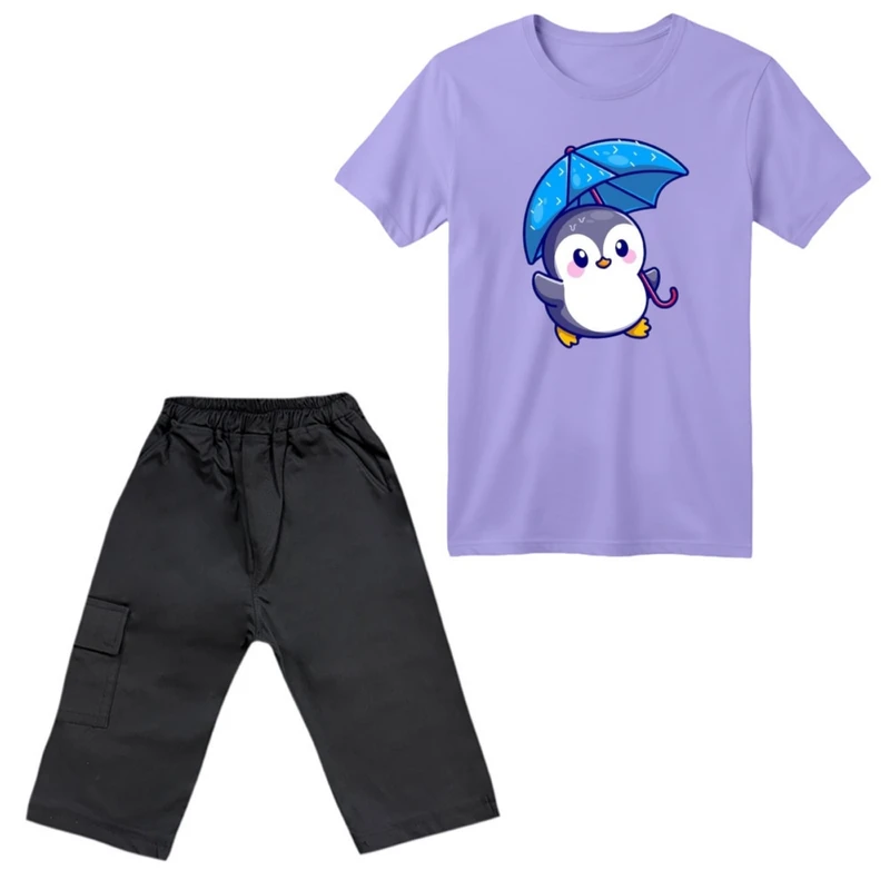 ست تی‌شرت آستین کوتاه و شلوارک پسرانه مدل پنگوئن کد ۵