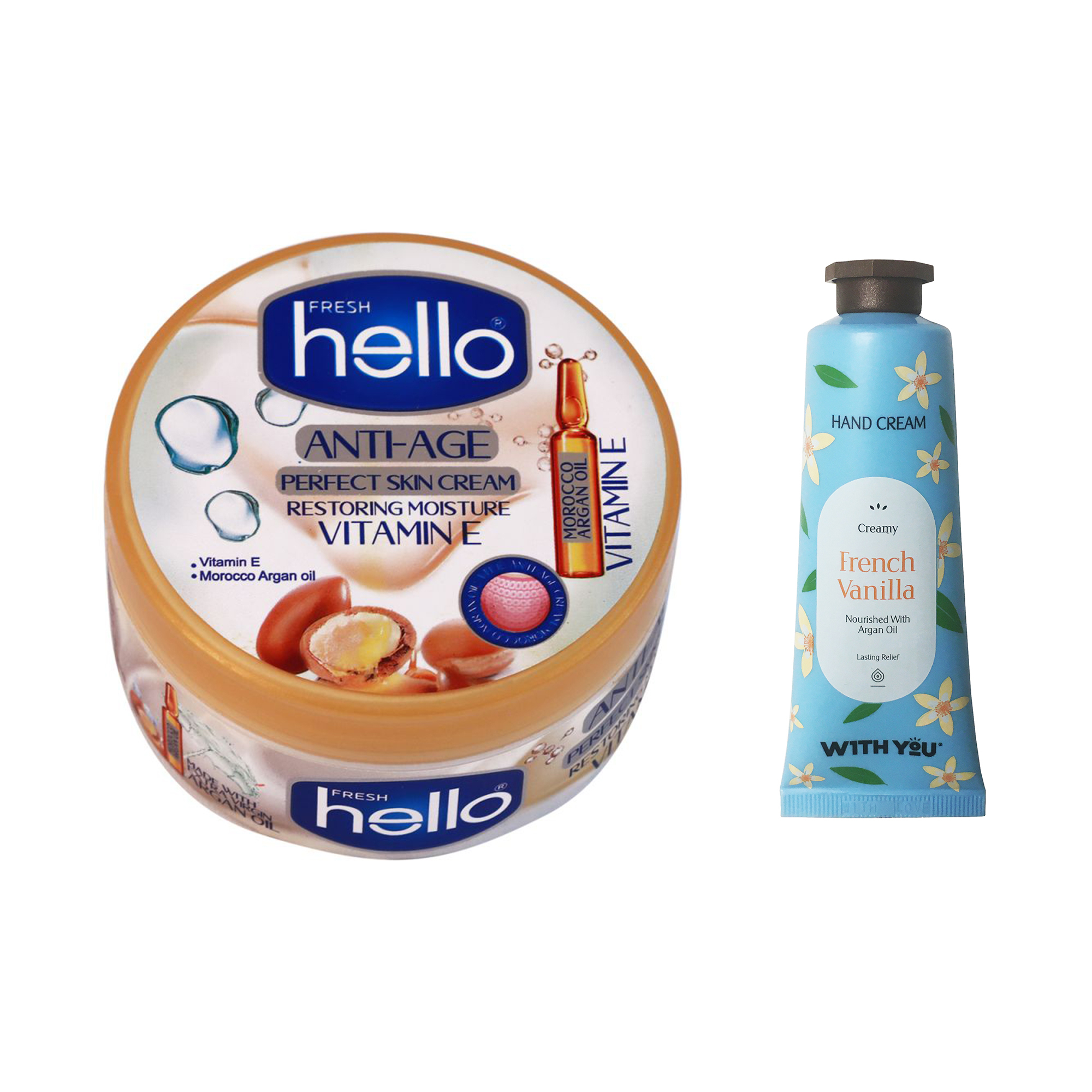 کرم مرطوب کننده هلو فرش مدل آرگان حجم 240 میلی لیتر به همراه کرم مرطوب کننده ویت یو مدل French Vanilla حجم 50 میلی لیتر 