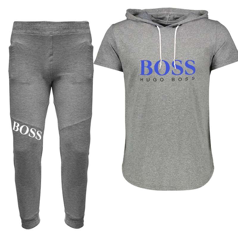 ست تی شرت کلاه دار و شلوار مردانه مدل 00518127 رنگ طوسی