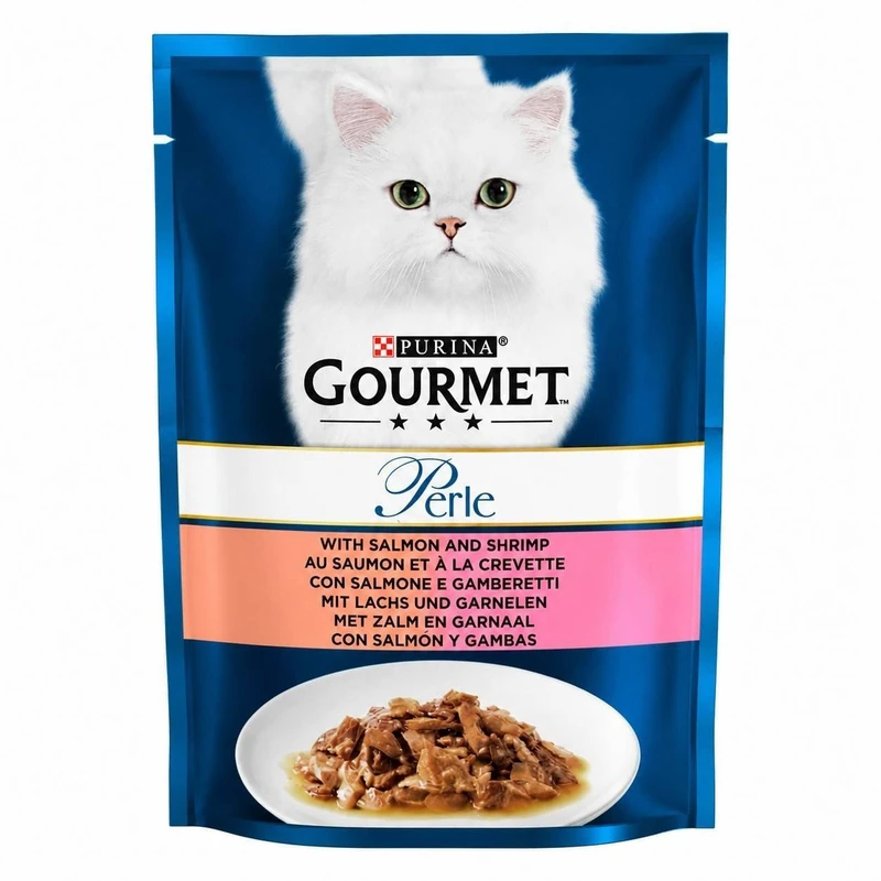 پوچ گربه بالغ گورمت مدل Perle Gravy طعم ماهی سالمون و میگو وزن 85 گرم
