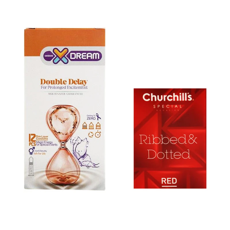 کاندوم ایکس دریم مدل Double Delay بسته 12 عددی به همراه کاندوم چرچیلز مدل Hot Gel بسته 3 عددی