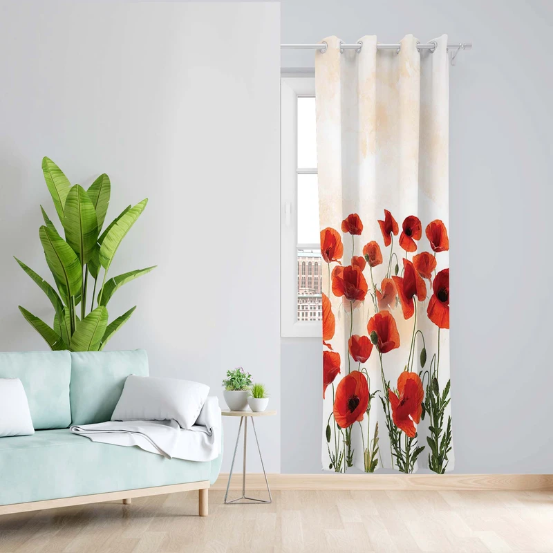 پرده طرح گل شقایق مدل مخمل پانچی کد 1528 z سایز 140x200 سانتی متر