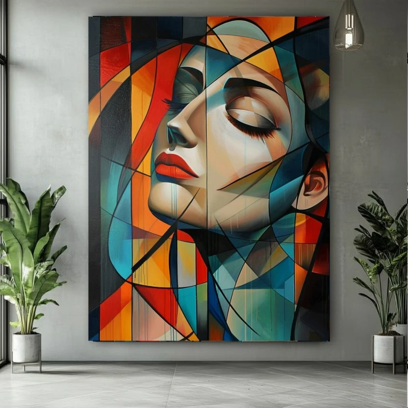 تابلو بوم طرح مخمل کوبیسم مدل پرتره زن هنری کد FP106269