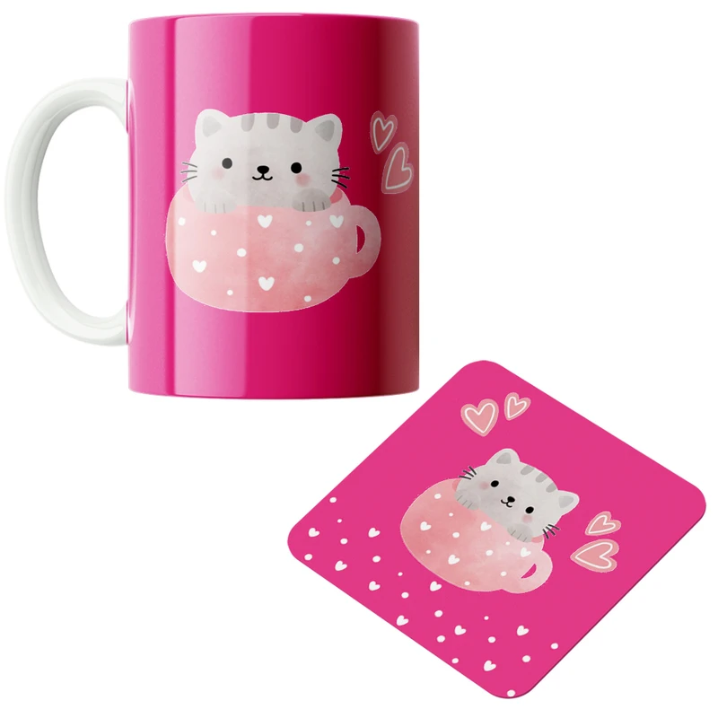 ماگ پاد آفرین مدل گربه در فنجان کد DKC285 به همراه زیر لیوانی
