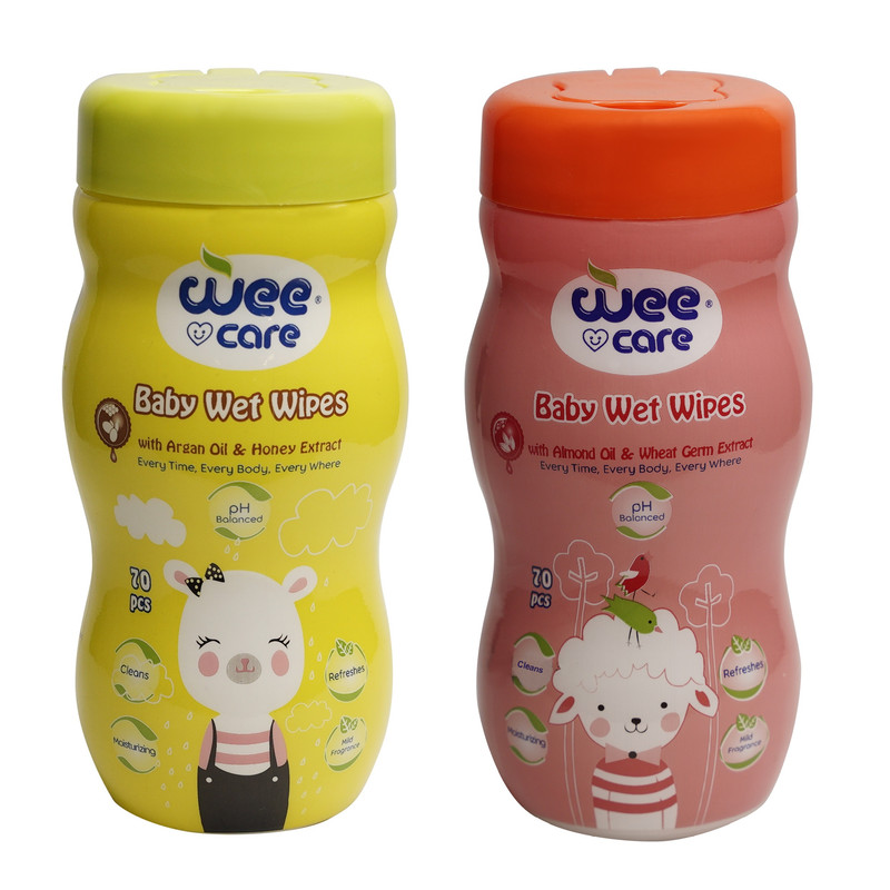 دستمال مرطوب کودک وی کر مدل روغن آرگان و روغن بادام 2 بسته 70 عددی