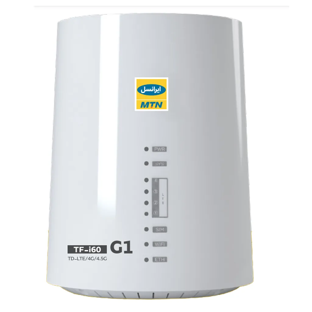 مودم رومیزی 4G/TD-LTE ایرانسل مدل TF-i60 G1 با پشتیبانی تا 32 کاربر، آنتن MIMO 4x4، پورت LAN، به همراه سیم‌کارت 4G و TD-LTE با 300 گیگ اینترنت 6 ماهه تک نت و منبع تغذیه برق شهری