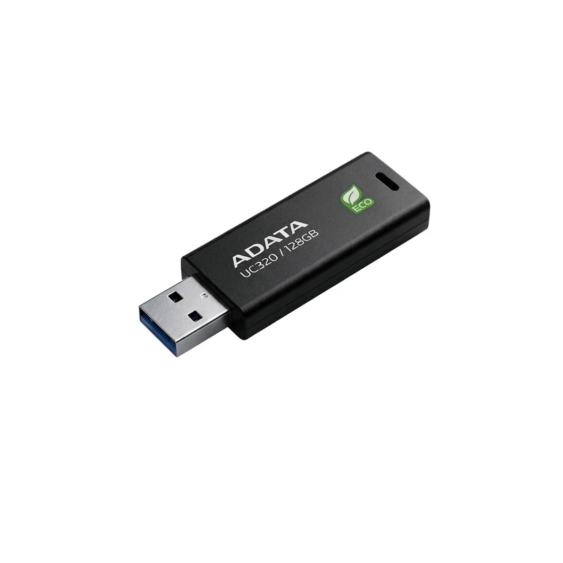 فلش مموری ای دیتا مدل UC320 ظرفیت 128 گیگابایت با رابط USB 3.2، مقاوم در برابر ضربه و طراحی کشویی، سازگار با سیستم‌عامل‌های ویندوز، مک و لینوکس، ساخته شده از پلاستیک بازیافتی