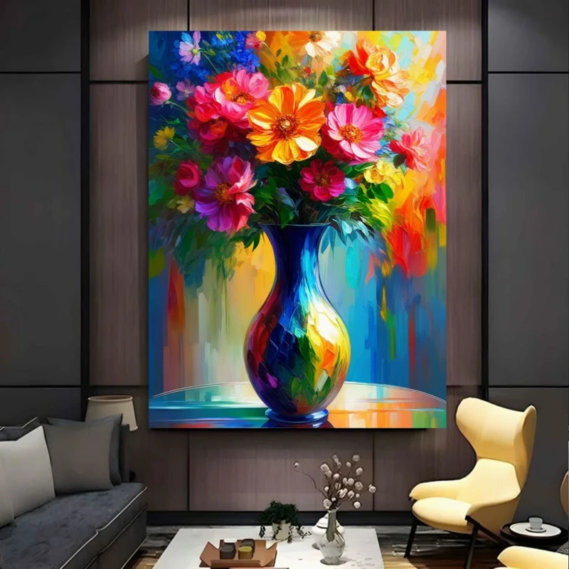 تابلو بوم طرح مخمل نقاشی گلدان مدل گل های رنگارنگ کد BK25003