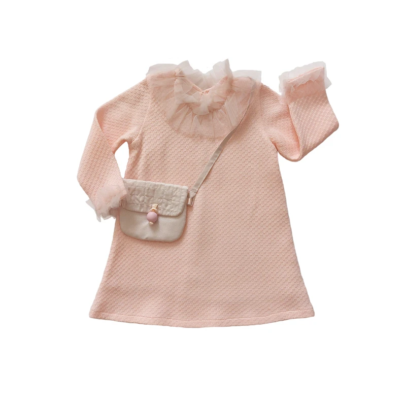 پیراهن آستین بلند یقه گرد دخترانه مدل عروسکی همراه با کیف