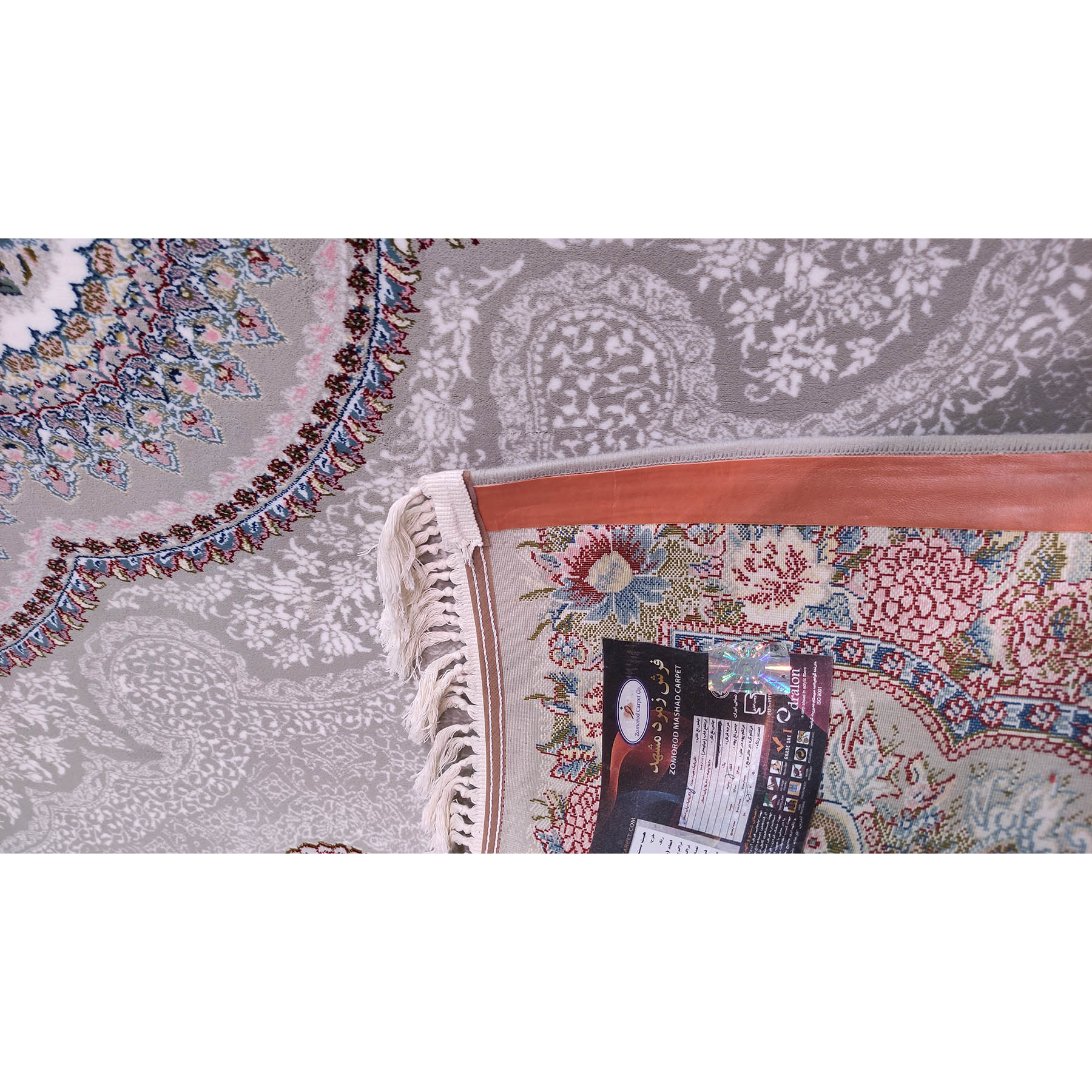 فرش ماشینی زمرد مشهد مدل گل نما زمینه طوسی