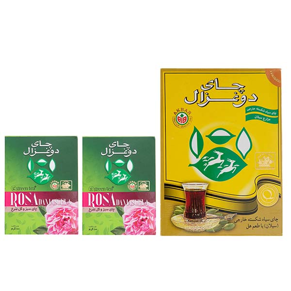 چای دو غزال با طعم هل - 500 گرم و چای سبز و گل سرخ دو غزال بسته 2 عددی