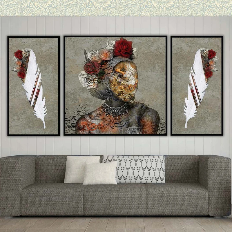 تابلو بکلیت طرح مدرن دیجیتال آرت مدل B-2169 فریم مشکی مجموعه 3 عددی