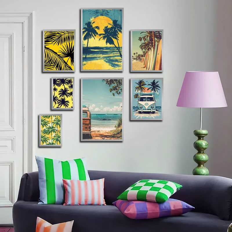 تابلو بکلیت طرح نقاشی طبیعت غروب و دریا مدل SI-3227 فریم نقره ای مجموعه 7 عددی