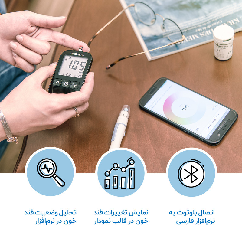 دستگاه تست قند خون اینفوپیا مدل Easy Gluco Pro مجهز به نرم افزار هوشمند، اشتراک 6 ماهه پایش سلامت آنلاین و 5 بسته نوار تست 50 عددی