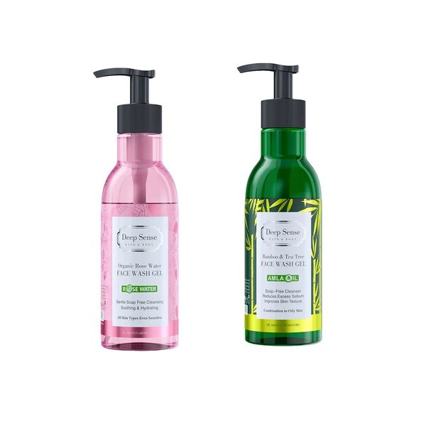 ژل شستشوی صورت دیپ سنس مدل Rose Water مناسب پوست های حساس حجم 250 میلی‌لیتر به همراه ژل شستشوی صورت دیپ سنس مدل درخت چای و بامبو مناسب پوست‌های چرب حجم 250 میلی‌ لیتر