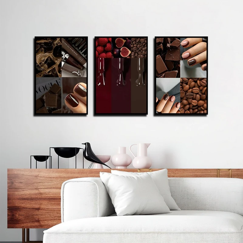 تابلو بکلیت طرح سالن زیبایی و کاشت ناخن مدل B-4064 فریم مشکی مجموعه 3 عددی