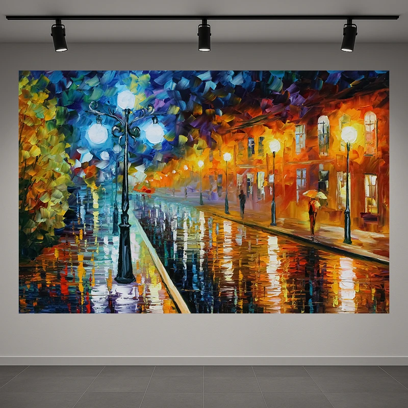 تابلو بوم طرح مخمل نقاشی خیابان مدل شب بارانی کد AR3059493