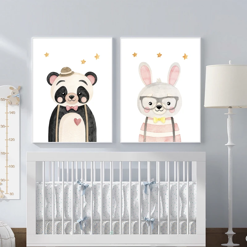 تابلو کودک و نوزاد مدل Elfap_Watercolor Panda Rabbit مجموعه 2 عددی