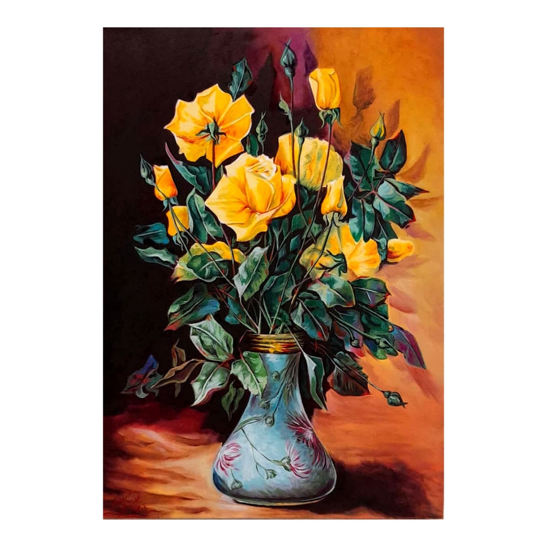  تابلو نقاشی رنگ روغن طرح گلدان گل رز کد 21