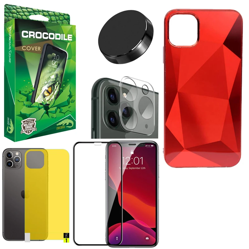 کاور کروکودیل مدل A-L-M-A-S مناسب برای گوشی موبایل اپل Iphone 11 Pro به همراه محافظ صفحه نمایش و محافظ پشت گوشی و محافظ لنز دوربین و پایه نگهدارنده گوشی