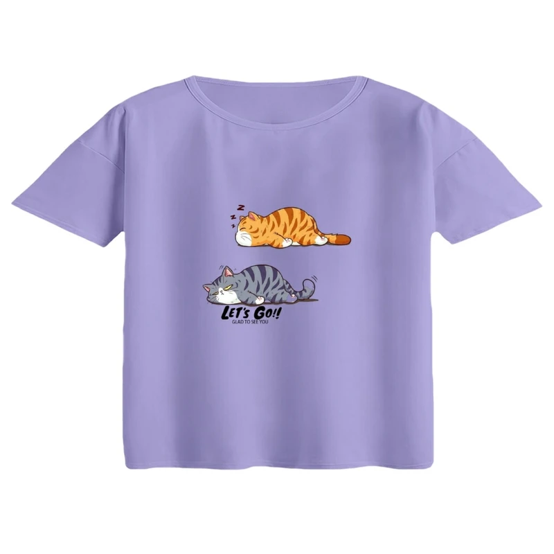 کراپ تی‌شرت آستین کوتاه زنانه مدل گربه خسته