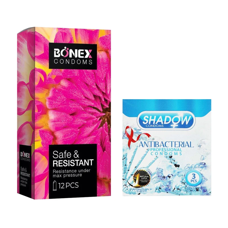 کاندوم بونکس مدل Safe &amp; Resistant بسته 12 عددی به همراه کاندوم شادو مدل Anti Bacterial بسته 3 عددی