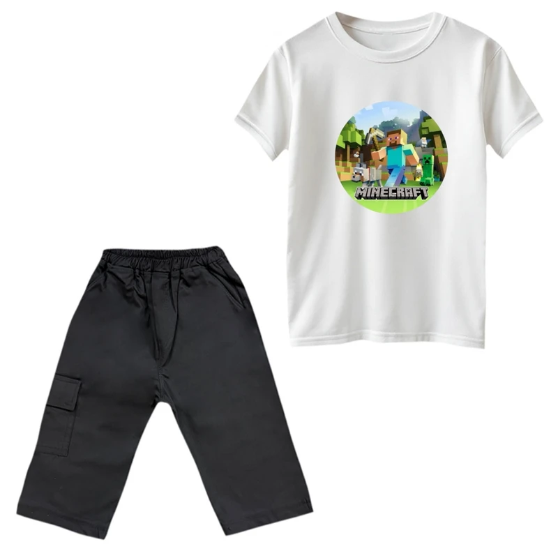 ست تی‌شرت و شلوارک پسرانه مدل ماینکرفت کد 3 رنگ سفید 