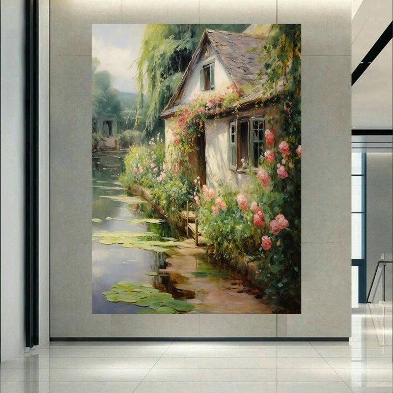 تابلو بوم طرح مخمل روستای سرسبز مدل گل های صورتی کد AR304940