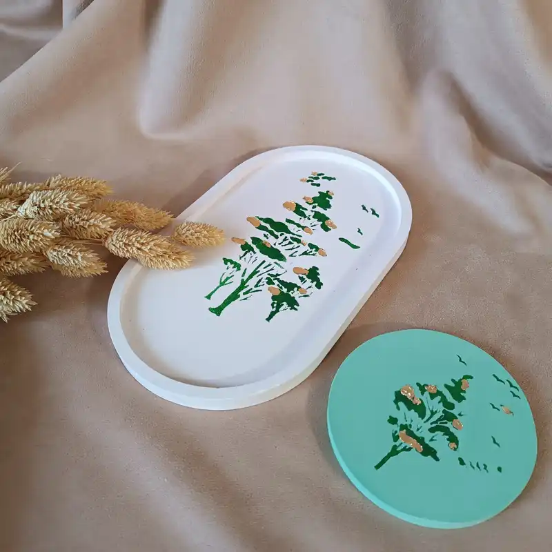 ست پیش دستی و زیرلیوانی بتنی مدل درخت تزئین شده