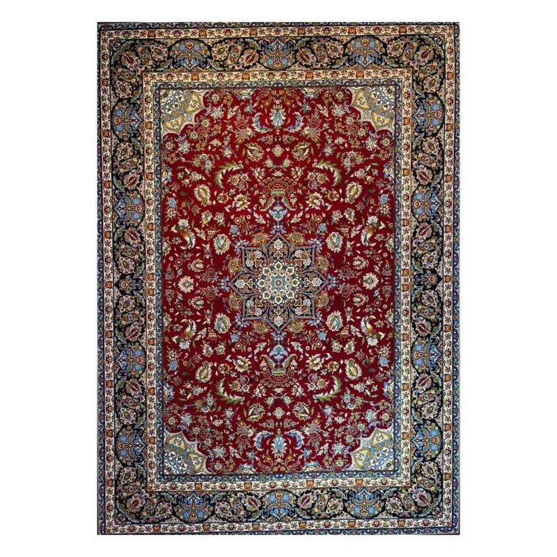 فرش ماشینی 700 شانه زمینه لاکی حاشیه سرمه ای مدل آکرولیک قشقایی تراکم 2100 کد 106 روناسی