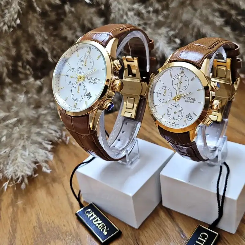 ست ساعت مچی عقربه ای سیتی زن مدل سه موتور فعال کورنوگراف قفل پروانه ای بند چرمی_brn04