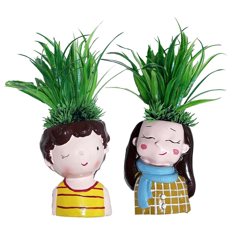 گلدان به همراه گل مصنوعی مدل دختر و پسر رزماری مجموعه 2 عددی