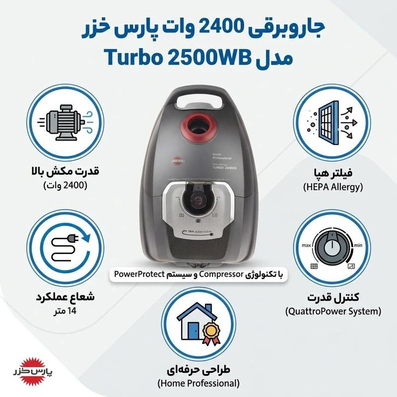 جاروبرقی 2500 وات پارس خزر مدل Turbo 2500WB