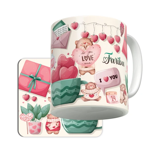 ماگ لاژید مدل اسم فریبا طرح عشق به همراه زیر لیوانی