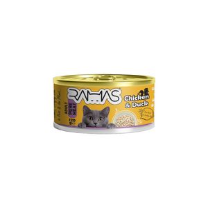 کنسرو غذای گربه راماس مدل chicken & duck طعم مرغ و اردک وزن 120 گرم بسته 6 عددی