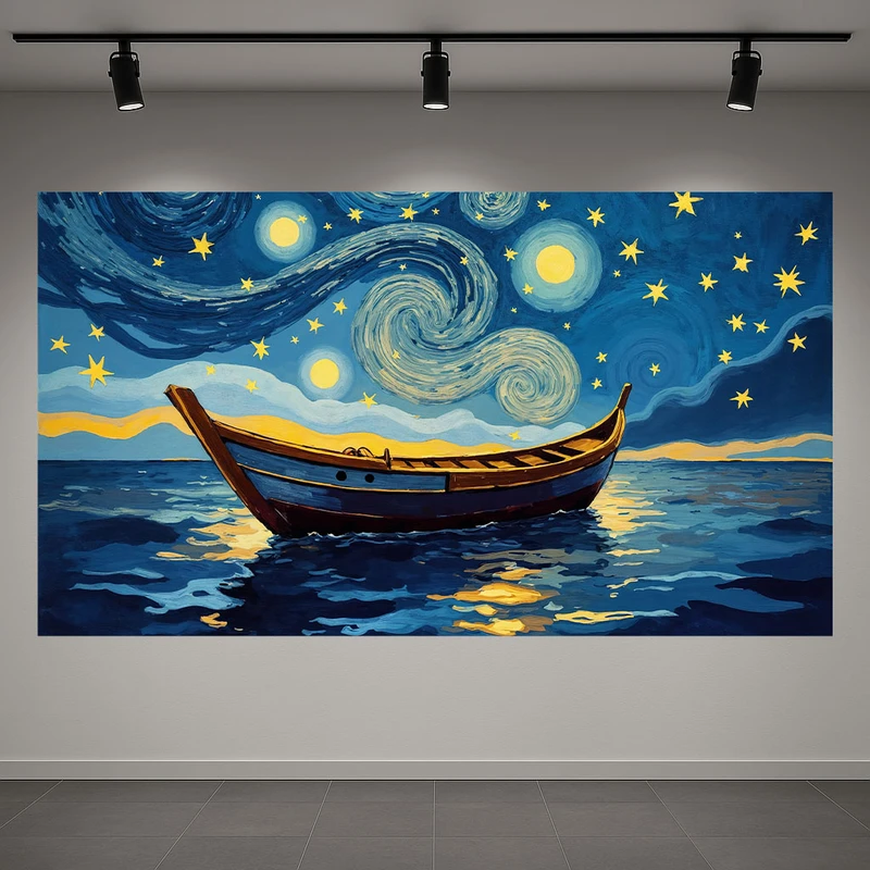 تابلو بوم طرح مخمل قایق تنها مدل شب پرستاره کد AR3060530