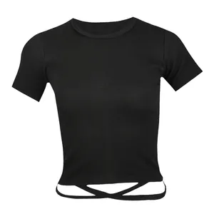 کراپ‌ تی‌شرت آستین کوتاه زنانه مدل کش کبریتی پنبه بند دور کمری