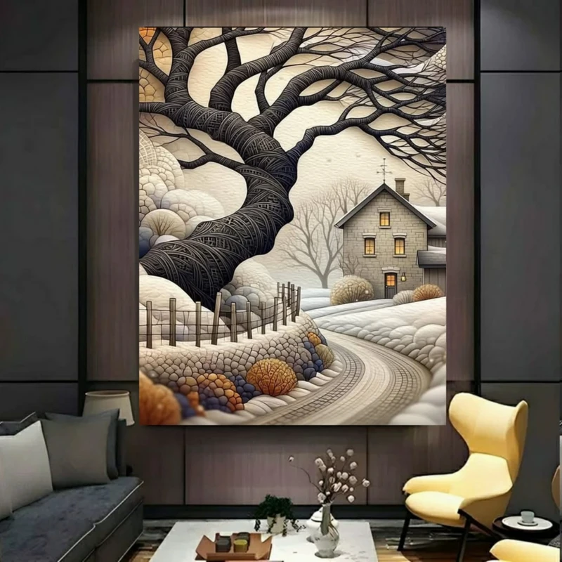 تابلو بوم طرح مخمل  کلبه زمستانی مدل درخت کهنسال کد BK57771