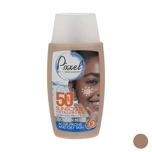 کرم ضد آفتاب رنگی پیکسل، SPF 50، مدل GOLDEN BEIGE، مناسب پوست‌های آکنه‌دار و چرب با تنالیته تیره و حجم 50 میلی‌لیتر، محافظت‌کننده در برابر اشعه‌های UVA و PA ،UVB+++، ضد جوش و آکنه، دارای فرمولاسیون فاقد چربی و هیالورونیک اسید، با ماندگاری 2 ساعته