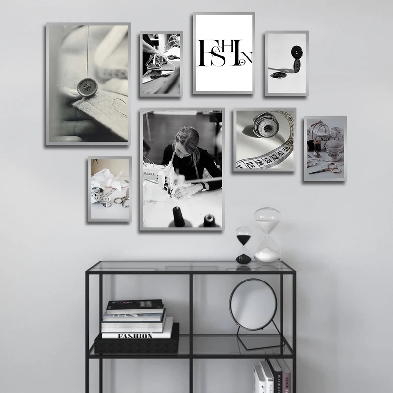 تابلو ساده بکلیت طرح خیاط و طراحی لباس مدل شاین اکلیلی SI-2777 فریم نقره ای مجموعه 8 عددی