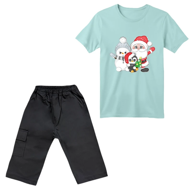 ست تی‌شرت آستین کوتاه و شلوارک پسرانه مدل پنگوئن کریسمس کد 4